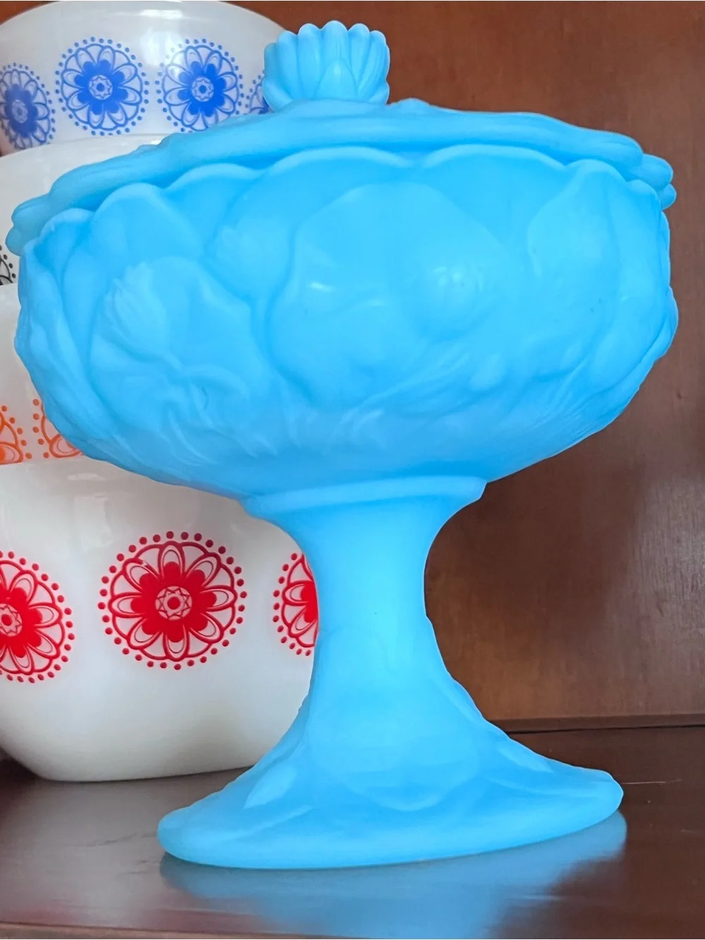 Fenton Blue Satin Glass Water Lily Covered Compote 1970 Floral Pedestal Dish